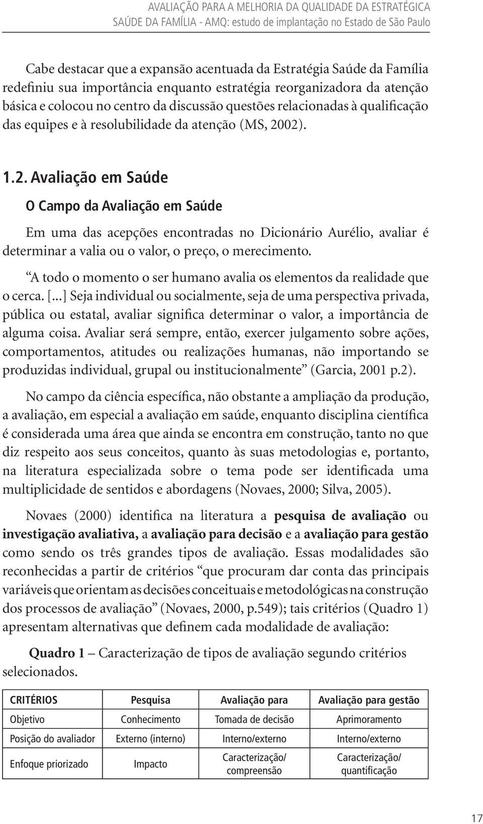 2002). 1.2. Avaliação em Saúde O Campo da Avaliação em Saúde Em uma das acepções encontradas no Dicionário Aurélio, avaliar é determinar a valia ou o valor, o preço, o merecimento.