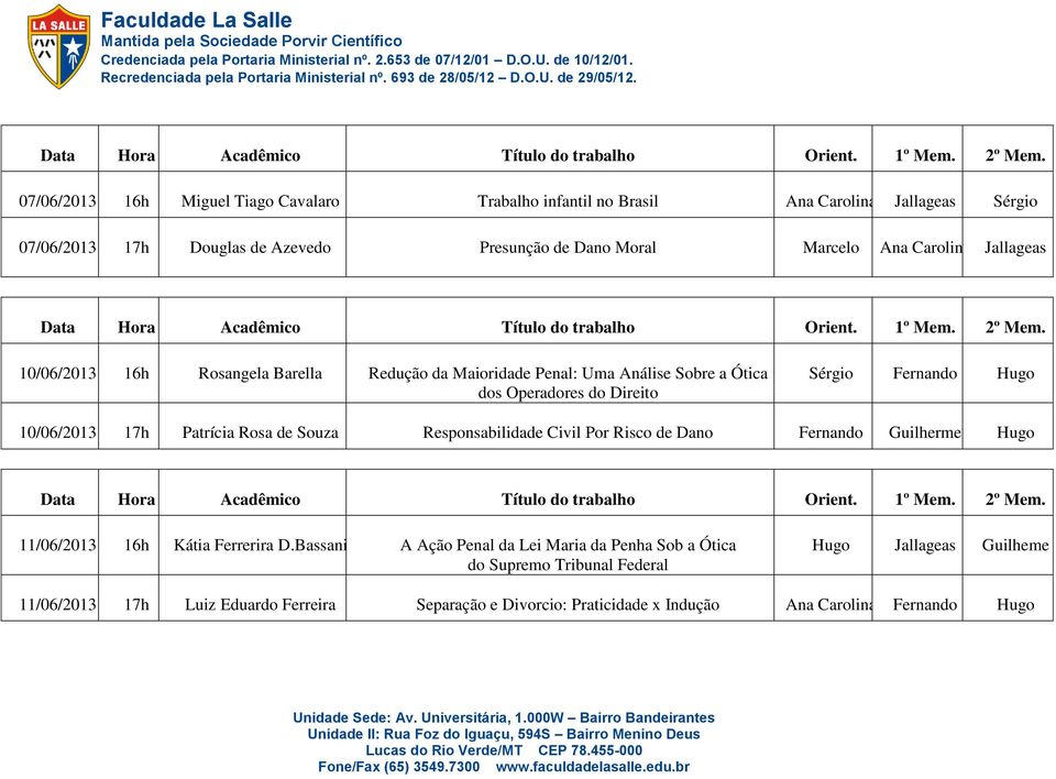 17h Patrícia Rosa de Souza Responsabilidade Civil Por Risco de Dano Fernando Guilherme 11/06/2013 16h Kátia Ferrerira D.