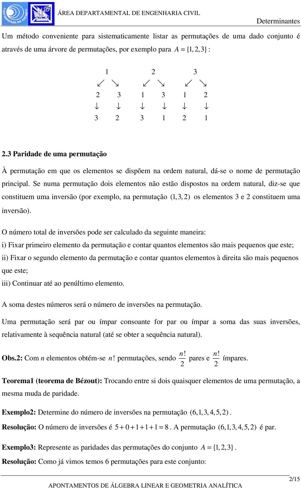 inversão (por exemplo, n permutção (,3, 2) os elementos 3 e 2 constituem um inversão) O número totl de inversões pode ser clculdo d seguinte mneir: i) Fixr primeiro elemento d permutção e contr