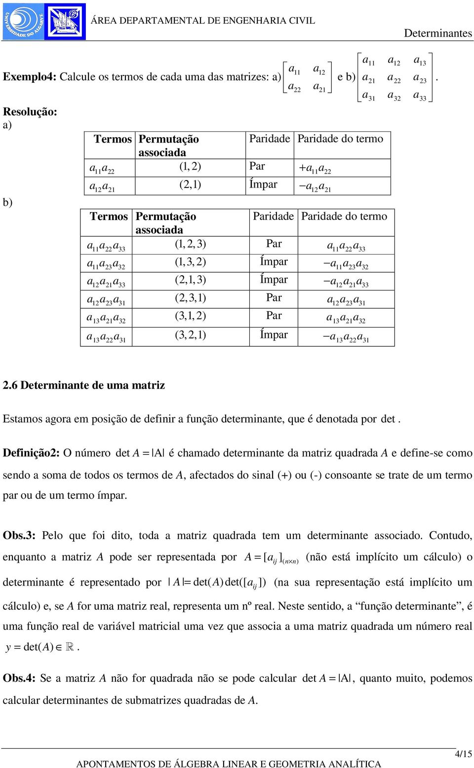 definir função determinnte, que é denotd por det Definição2: O número det A = A é chmdo determinnte d mtriz qudrd A e define-se como sendo som de todos os termos de A, fectdos do sinl (+) ou (-)