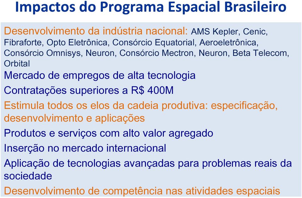 superiores a R$ 400M Estimula todos os elos da cadeia produtiva: especificação, desenvolvimento e aplicações Produtos e serviços com alto valor