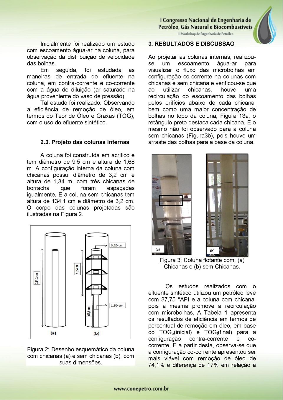 Tal estudo foi realizado. Observando a eficiência de remoção de óleo, em termos do Teor de Óleo e Graxas (TOG), com o uso do efluente sintético. 2.3. Projeto das colunas internas 3.