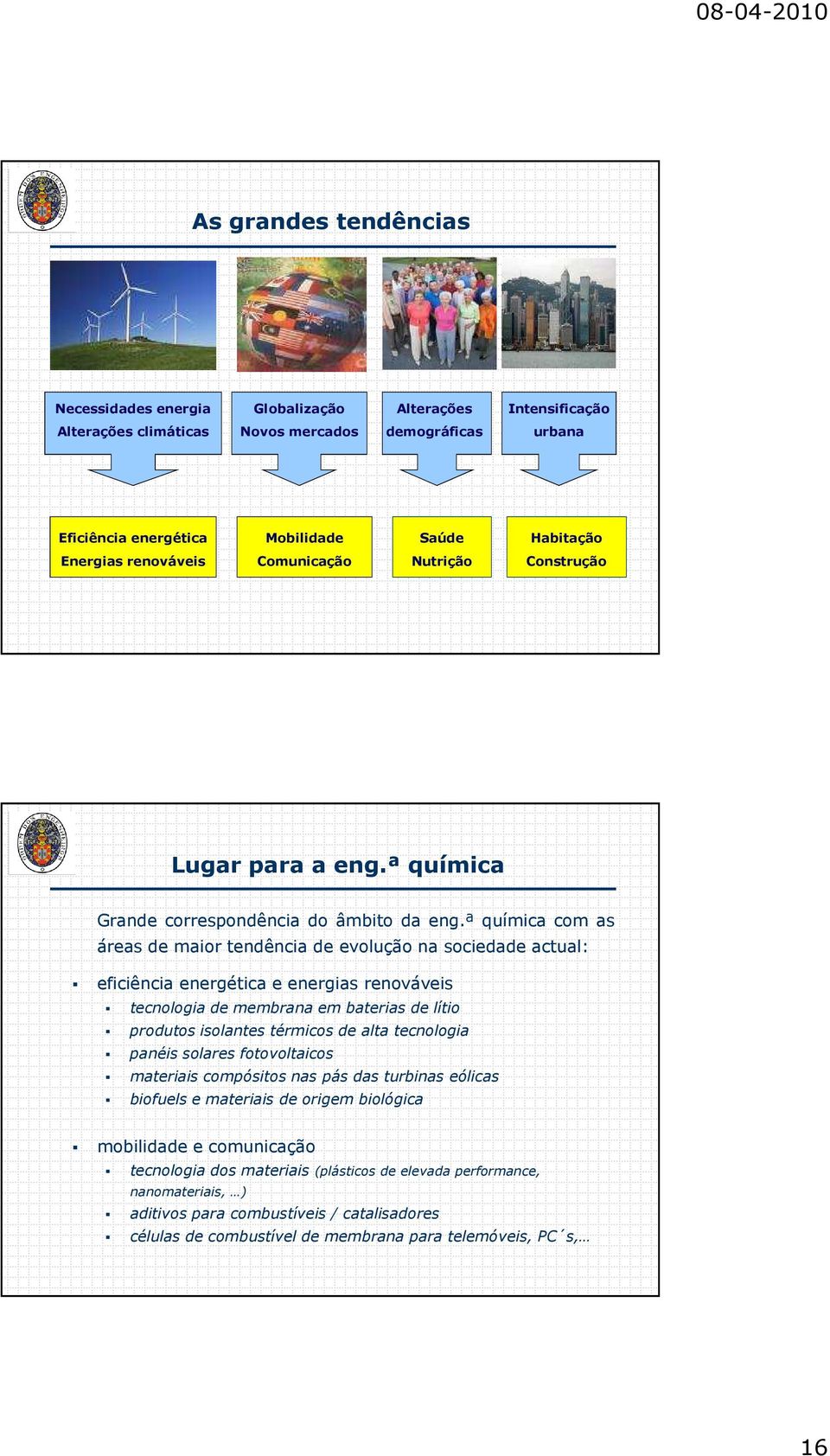 ª química com as áreas de maior tendência de evolução na sociedade actual: eficiência energética e energias renováveis tecnologia de membrana em baterias de lítio produtos isolantes térmicos de alta