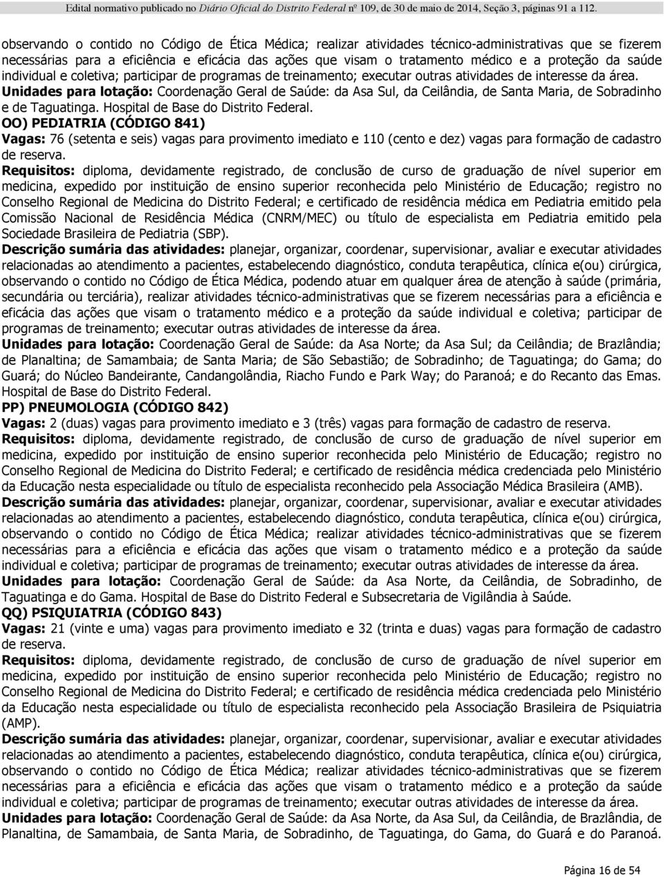 Conselho Regional de Medicina do Distrito Federal; e certificado de residência médica em Pediatria emitido pela Comissão Nacional de Residência Médica (CNRM/MEC) ou título de especialista em