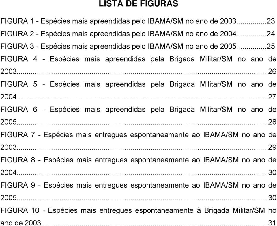 ..26 FIGURA 5 - Espécies mais apreendidas pela Brigada Militar/SM no ano de 2004...27 FIGURA 6 - Espécies mais apreendidas pela Brigada Militar/SM no ano de 2005.