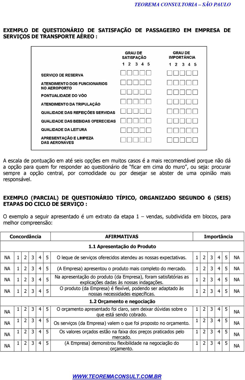 EXEMPLO (PARCIAL) DE QUESTIONÁRIO TÍPICO, ORGANIZADO SEGUNDO 6 (SEIS) ETAPAS DO CICLO DE SERVIÇO : O exemplo a seguir apresentado é um extrato da etapa 1 vendas, subdividida em blocos, para melhor