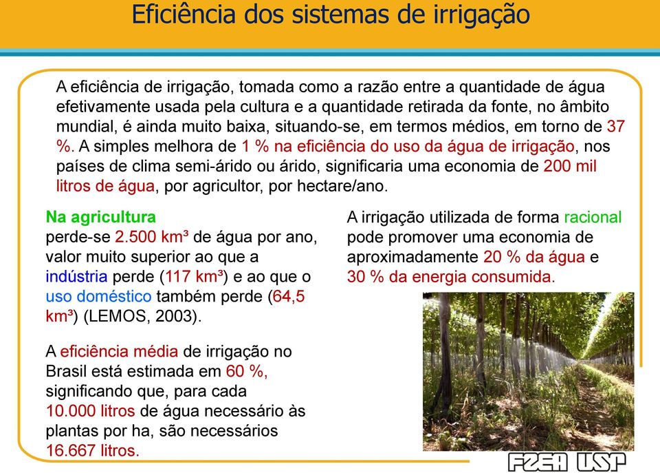 A simples melhora de 1 % na eficiência do uso da água de irrigação, nos países de clima semi-árido ou árido, significaria uma economia de 200 mil litros de água, por agricultor, por hectare/ano.