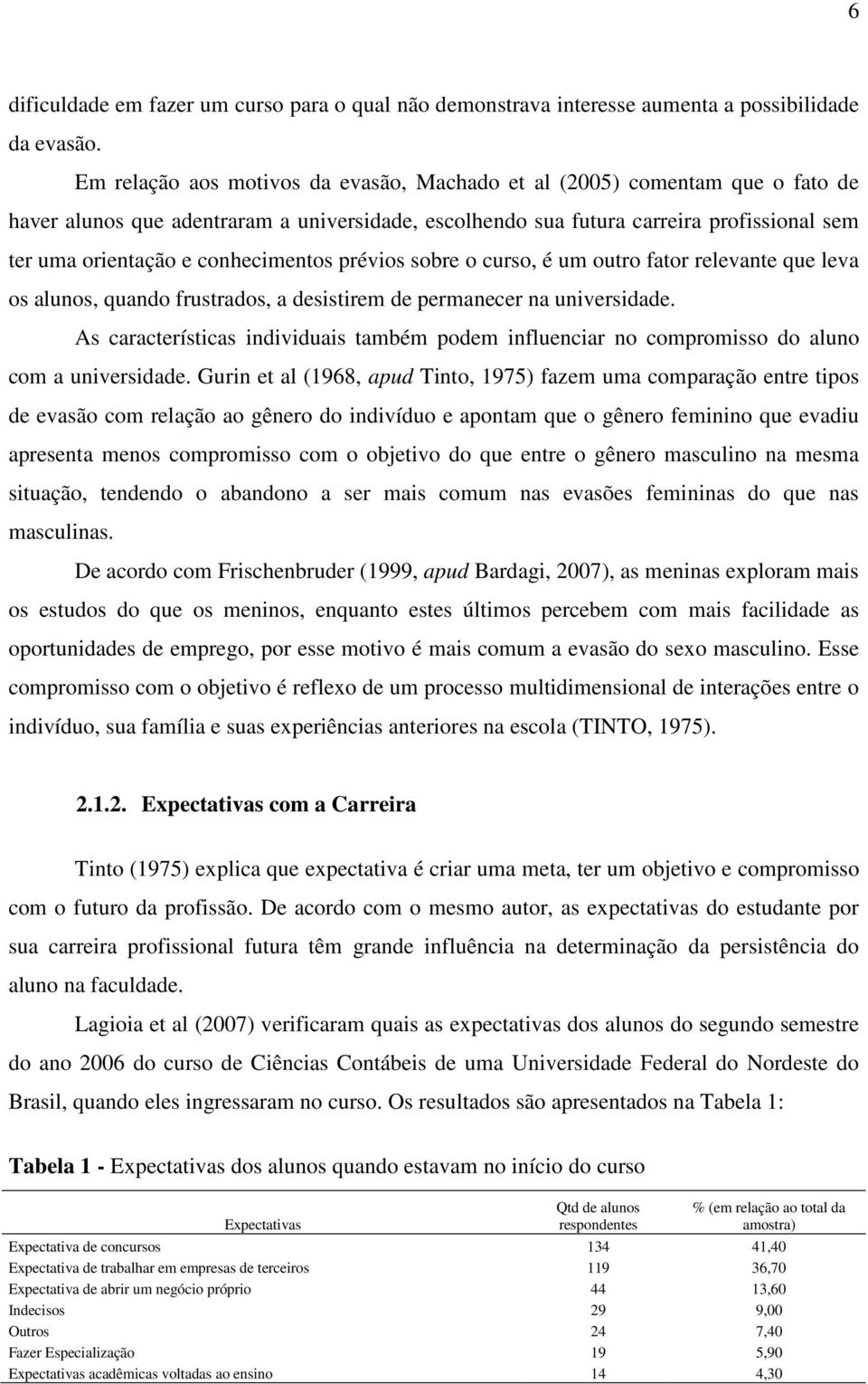 conhecimentos prévios sobre o curso, é um outro fator relevante que leva os alunos, quando frustrados, a desistirem de permanecer na universidade.