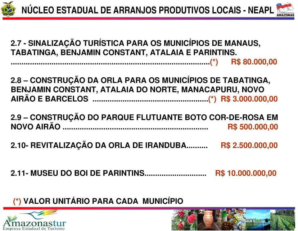 8 CONSTRUÇÃO DA ORLA PARA OS MUNICÍPIOS DE TABATINGA, BENJAMIN CONSTANT, ATALAIA DO NORTE, MANACAPURU, NOVO AIRÃO E BARCELOS.