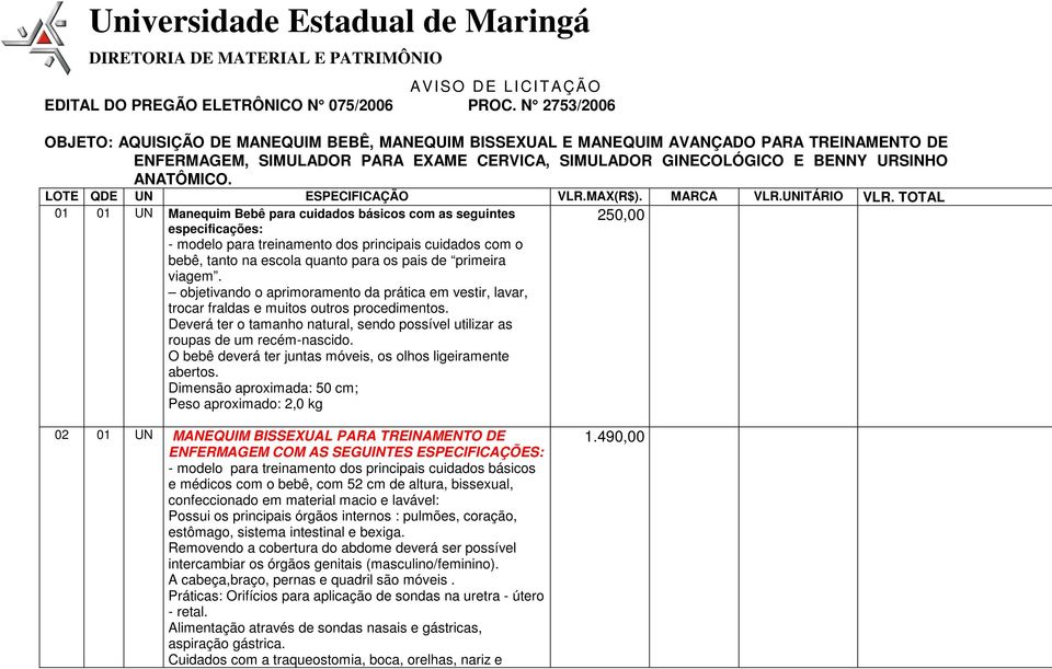 LOTE QDE UN ESPECIFICAÇÃO VLR.MAX(R$). MARCA VLR.UNITÁRIO VLR.