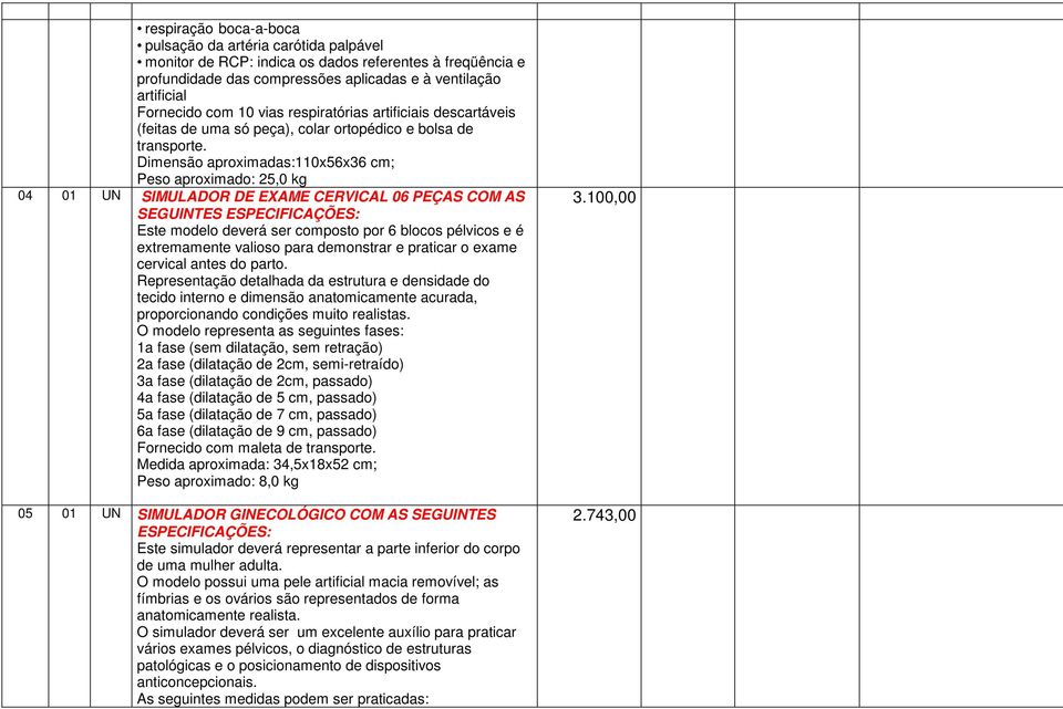 Dimensão aproximadas:110x56x36 cm; Peso aproximado: 25,0 kg 04 01 UN SIMULADOR DE EXAME CERVICAL 06 PEÇAS COM AS SEGUINTES ESPECIFICAÇÕES: Este modelo deverá ser composto por 6 blocos pélvicos e é