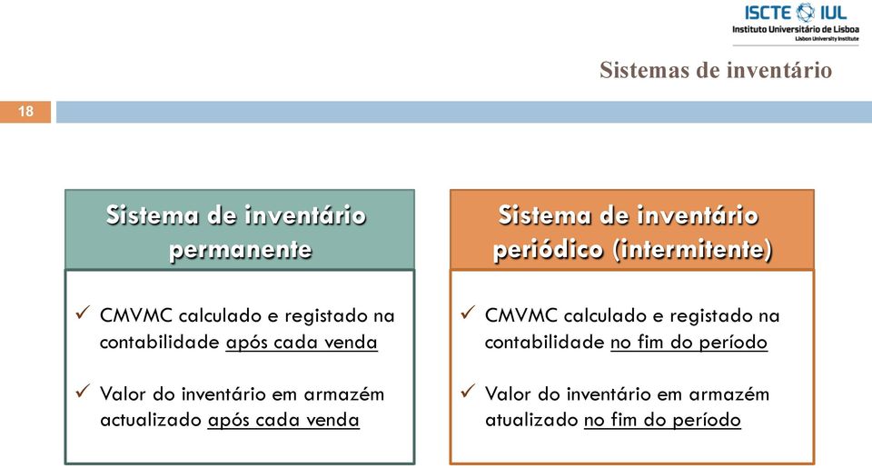 venda Sistema de inventário periódico (intermitente) ü CMVMC calculado e registado na