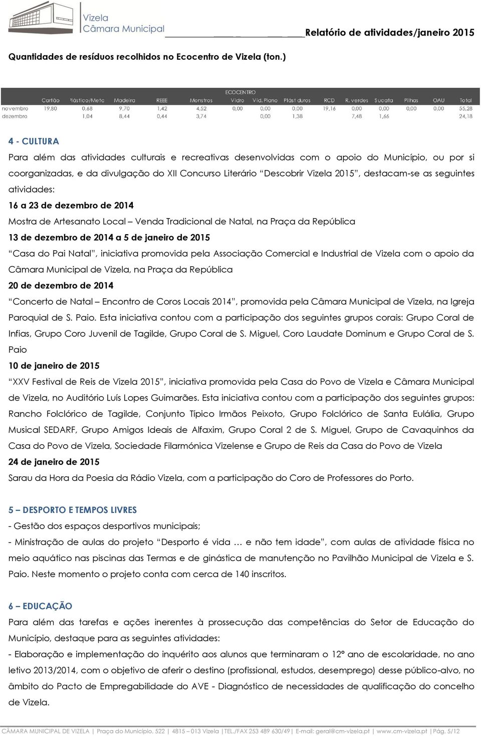 Literário Descobrir Vizela 2015, destacam-se as seguintes atividades: 16 a 23 de dezembro de 2014 Mostra de Artesanato Local Venda Tradicional de Natal, na Praça da República 13 de dezembro de 2014 a