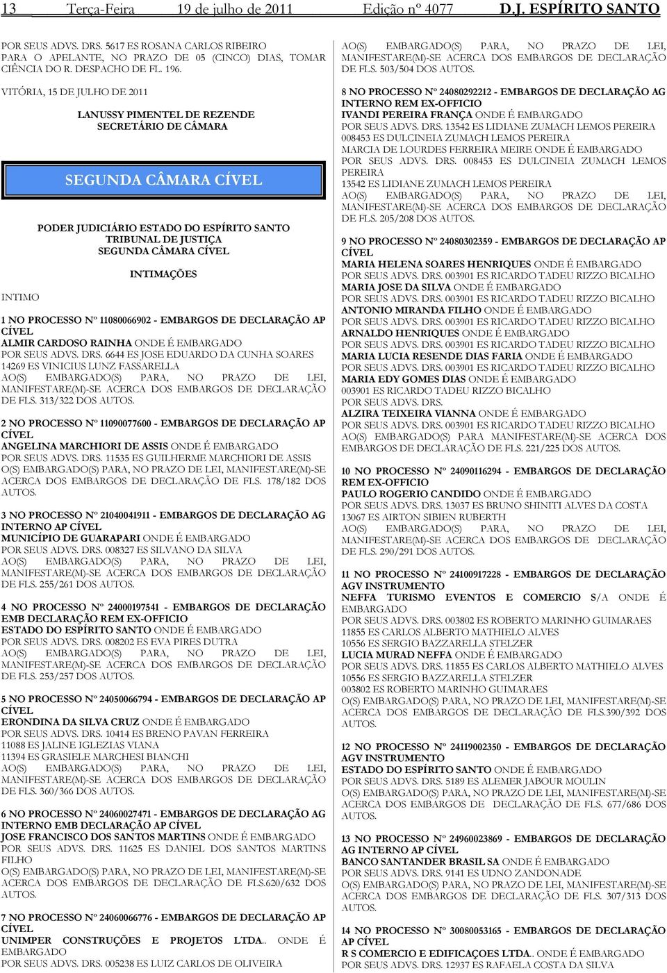 VITÓRIA, 15 DE JULHO DE 2011 LANUSSY PIMENTEL DE REZENDE SECRETÁRIO DE CÂMARAE IRA CÂMARA CÍVEL SEGUNDA CÂMARA CÍVEL INTIMO TRIBUNAL DE JUSTIÇA SEGUNDA CÂMARA CÍVEL INTIMAÇÕES 1 NO PROCESSO Nº