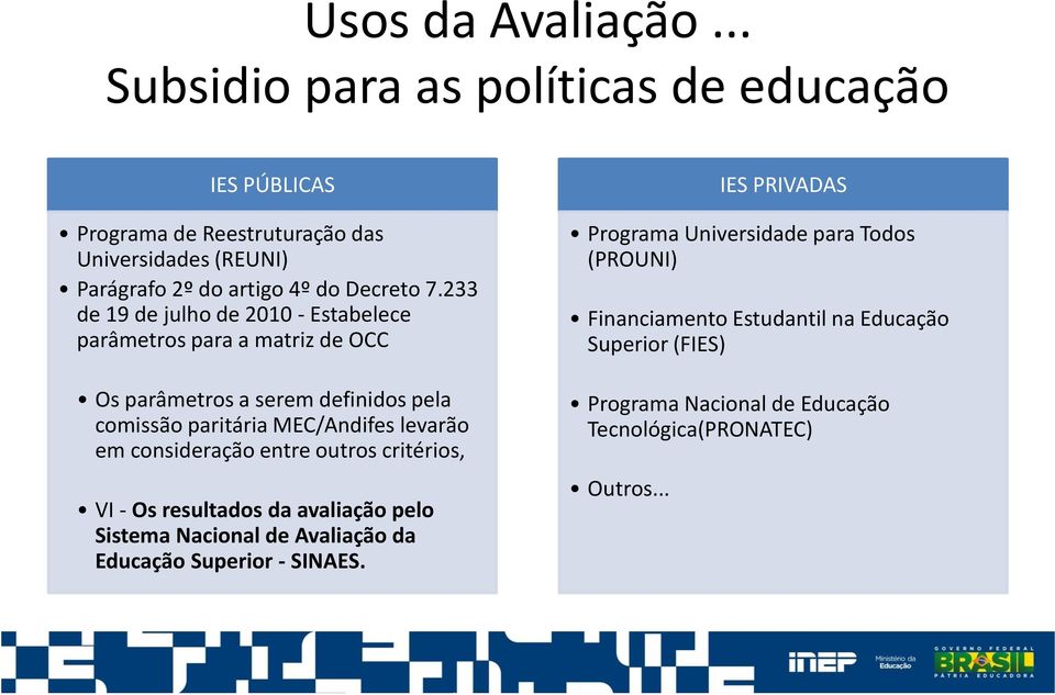 233 de 19 de julho de 2010 - Estabelece parâmetros para a matriz de OCC Os parâmetros a serem definidos pela comissão paritária MEC/Andifes levarão em