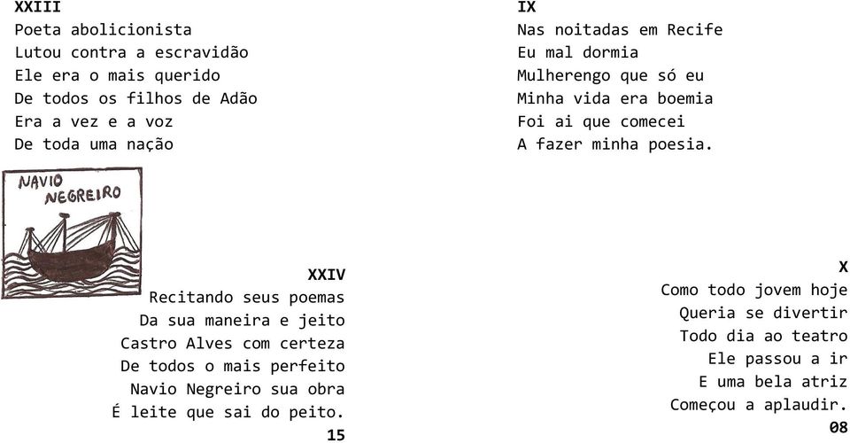 XXIV Recitando seus poemas Da sua maneira e jeito Castro Alves com certeza De todos o mais perfeito Navio Negreiro sua obra É leite