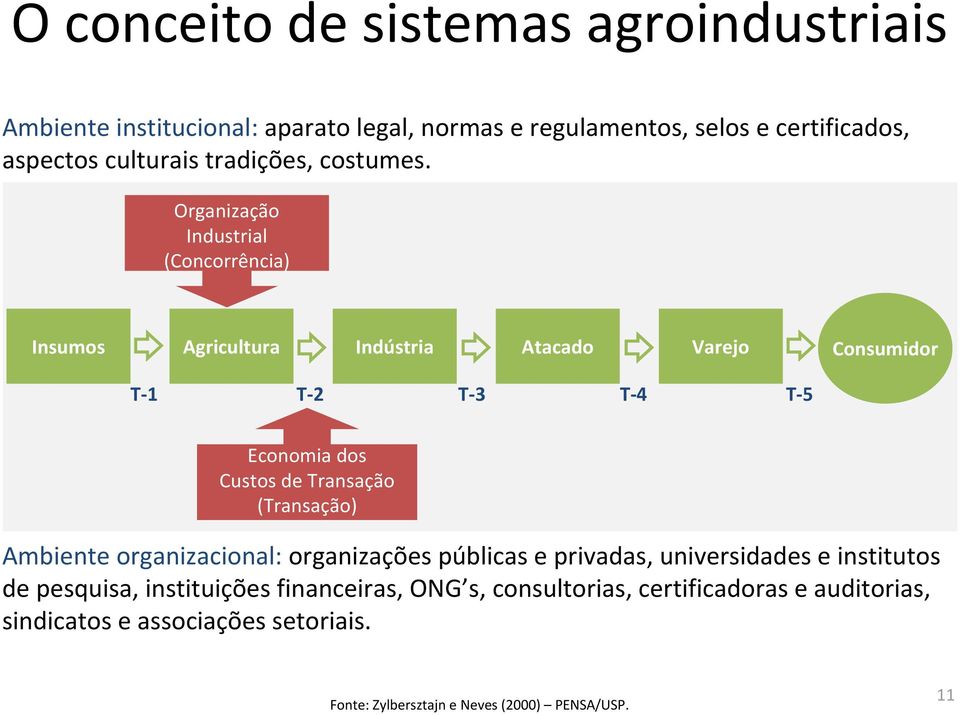 Organização Industrial (Concorrência) Insumos Agricultura Indústria Atacado Varejo Consumidor T-1 T-2 T-3 T-4 T-5 Economia dos Custos de