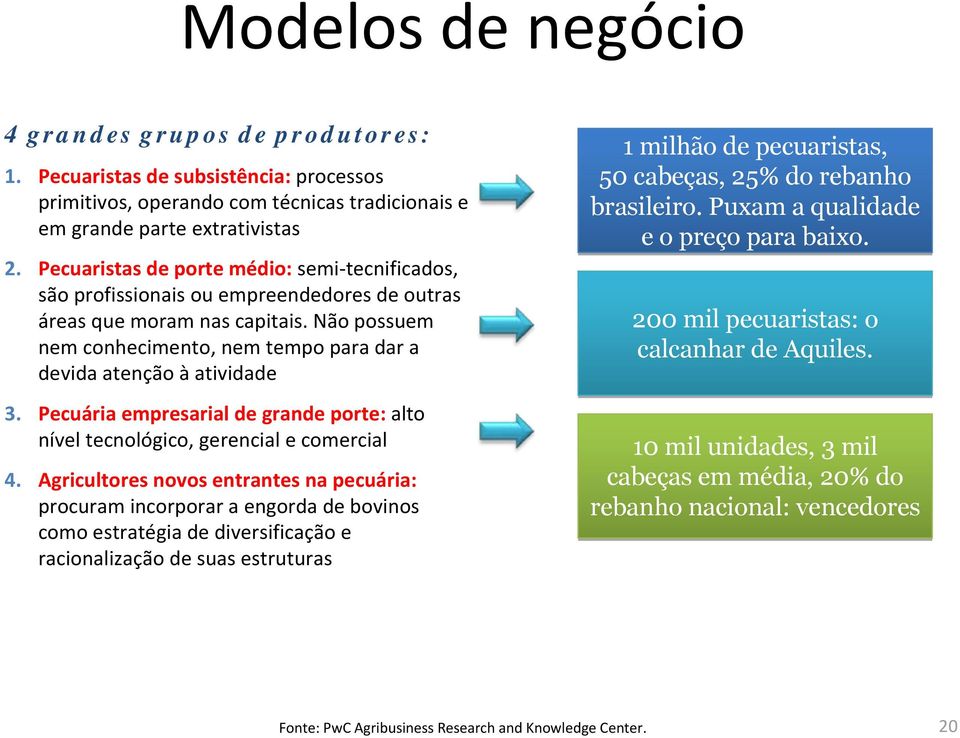 Não possuem nem conhecimento, nem tempo para dar a devida atenção à atividade 3. Pecuária empresarial de grande porte: alto nível tecnológico, gerencial e comercial 4.