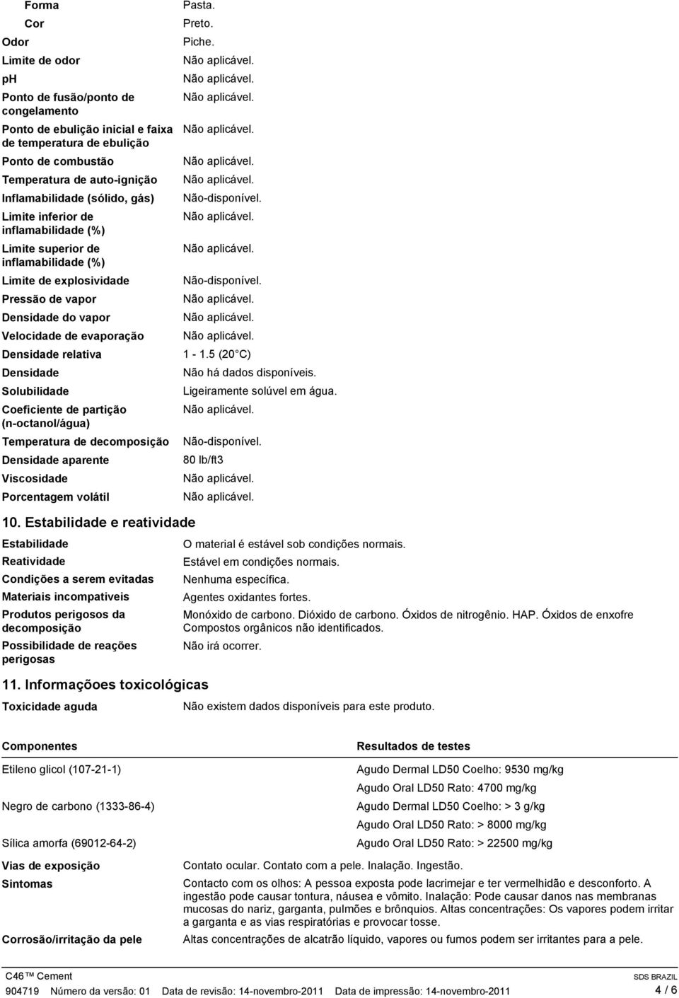 Densidade Solubilidade Coeficiente de partição (n-octanol/água) Temperatura de decomposição Densidade aparente Viscosidade Porcentagem volátil Pasta. Preto. Piche. 1-1.