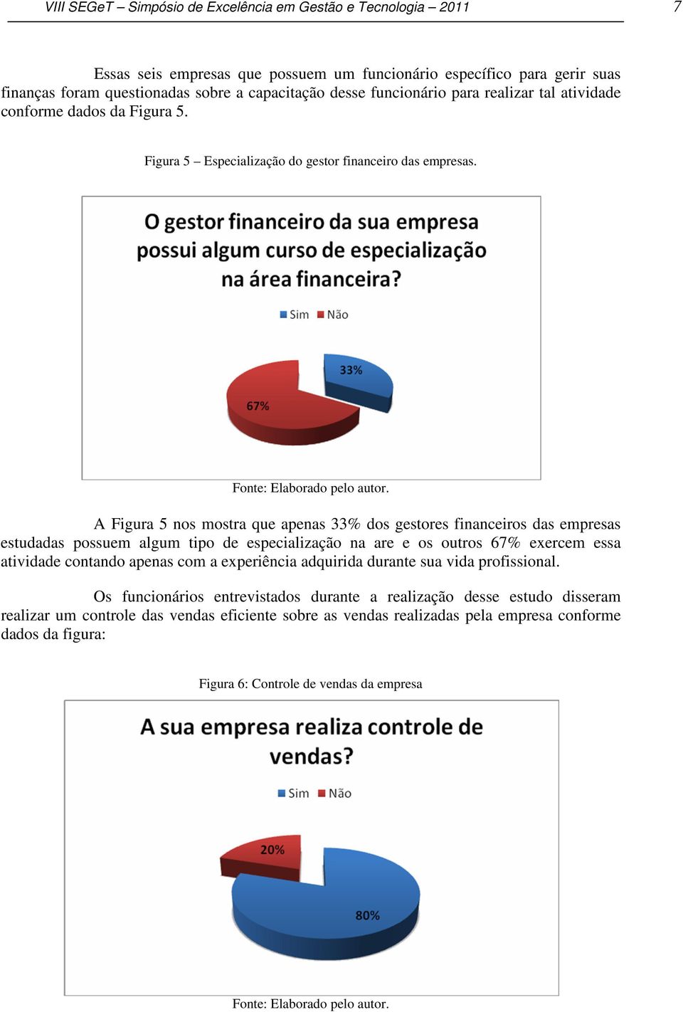 A Figura 5 nos mostra que apenas 33% dos gestores financeiros das empresas estudadas possuem algum tipo de especialização na are e os outros 67% exercem essa atividade contando