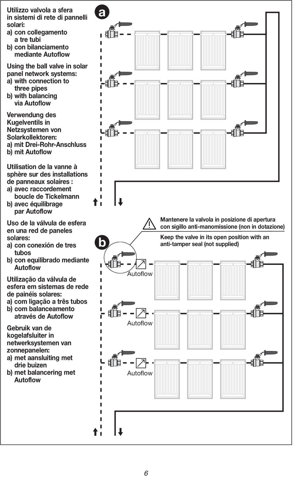 panneaux solaires : a) avec raccordement boucle de Tickelmann b) avec équilibrage par Uso de la válvula de esfera en una red de paneles solares: a) con conexión de tres tubos b) con equilibrado