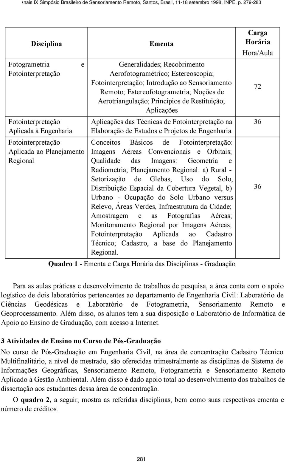 Aéreas Convencionais e Orbitais; Qualidade das Imagens: Geometria e Radiometria; Planejamento Regional: a) Rural - Setorização de Glebas, Uso do Solo, Distribuição Espacial da Cobertura Vegetal, b)