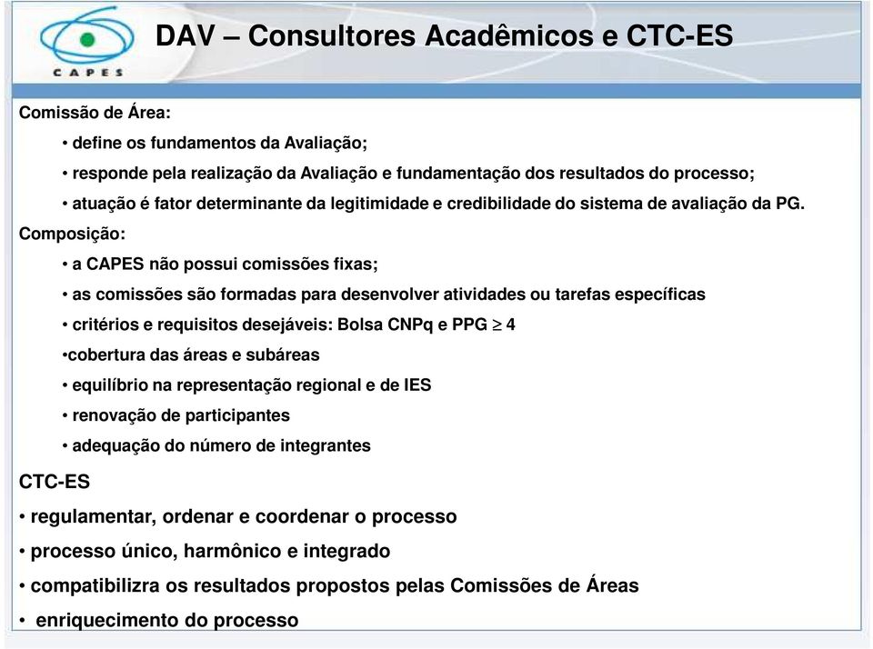 Composição: CTC-ES a CAPES não possui comissões fixas; as comissões são formadas para desenvolver atividades ou tarefas específicas critérios e requisitos desejáveis: Bolsa CNPq e PPG 4