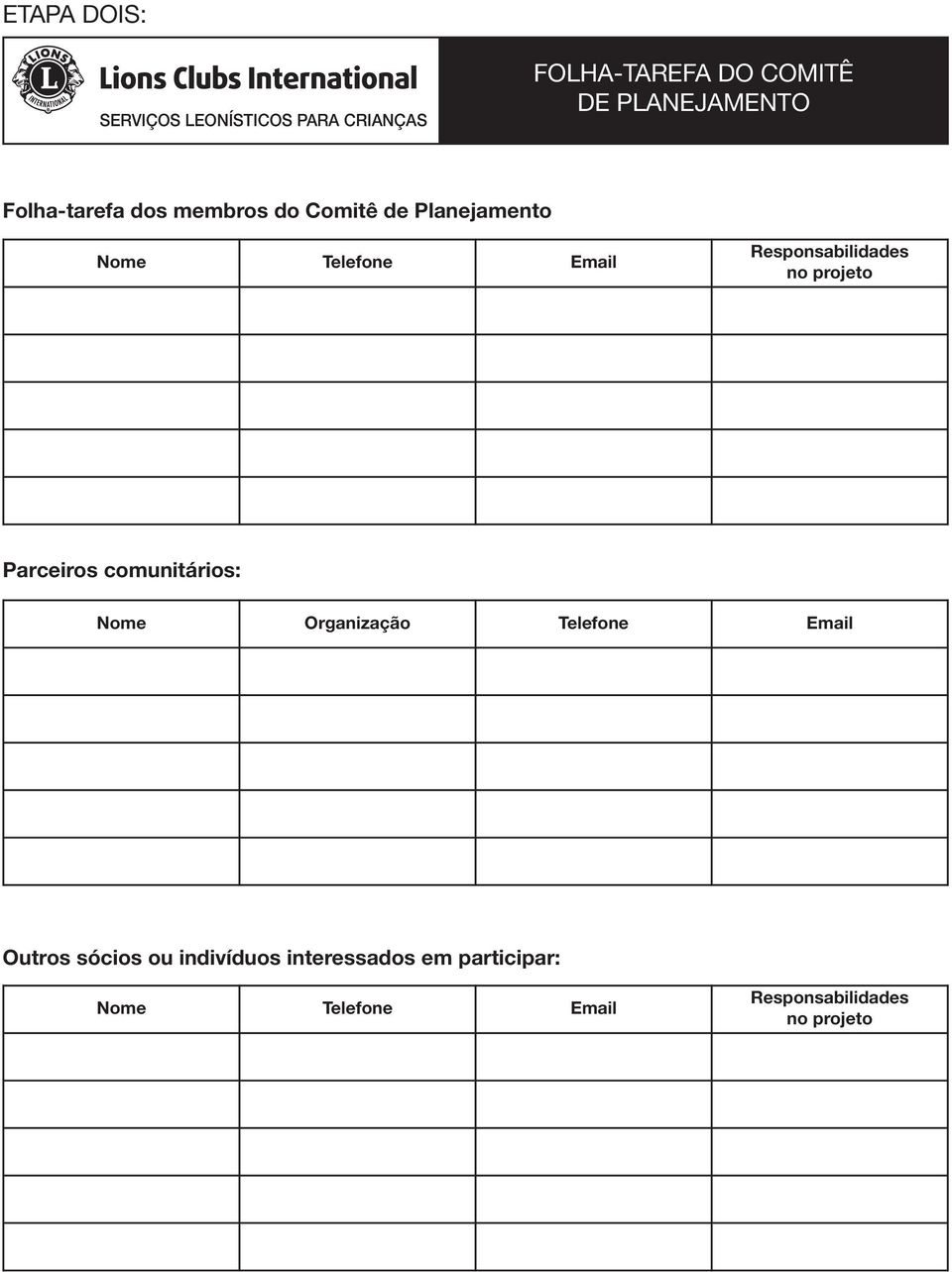 Responsabilidades no projeto Parceiros comunitários: Nome Organização Telefone Email