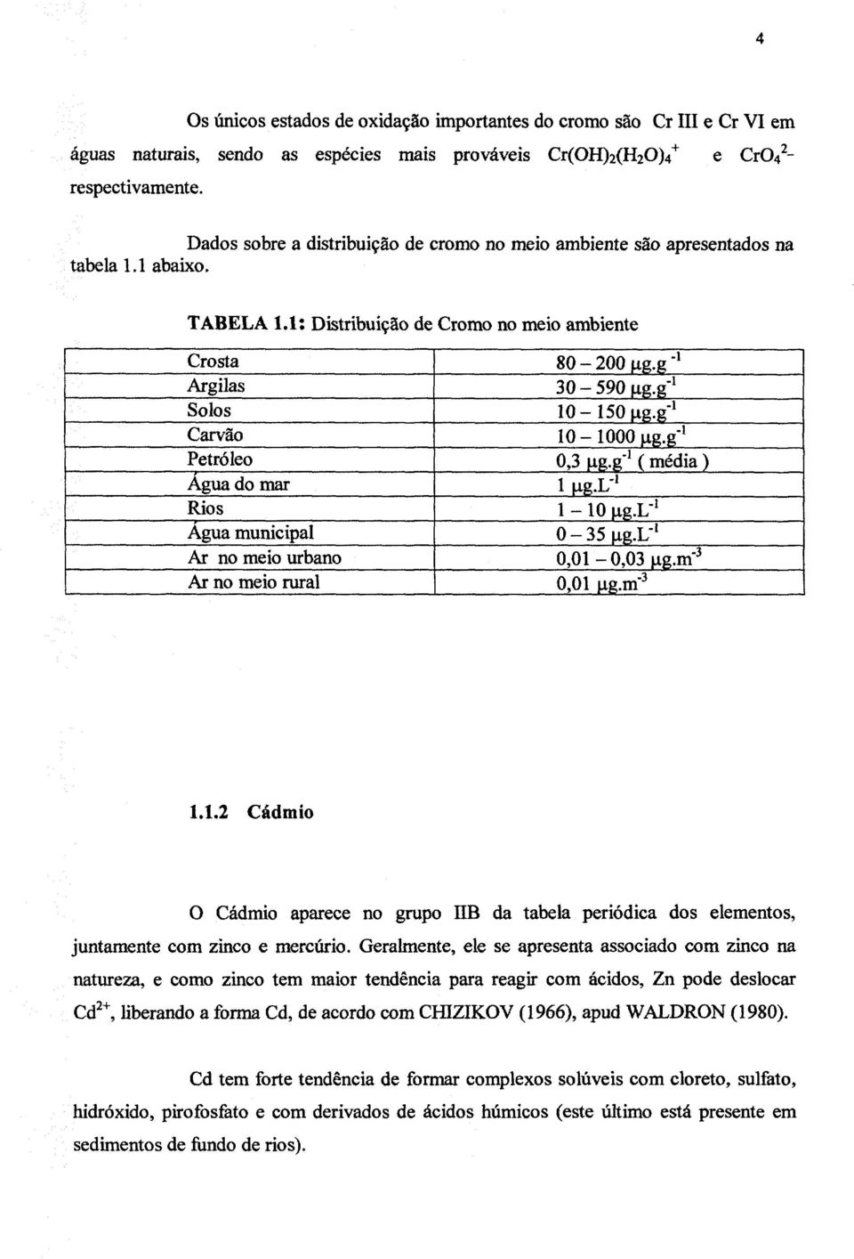 g- 1 Carvão 10-1000 ug.g- 1 Petróleo 0,3 ug.g 1 ( média ) Agua do mar 1 ugx' 1 Rios 1-10 ug.l' 1 Agua municipal O-SSjig.L' 1 Ar no meio urbano 0,01-0,03 ug.m' 3 Ar no meio rural 0,01 ug.m" 3 1.1.2 Cádmio O Cádmio aparece no grupo UB da tabela periódica dos elementos, juntamente com zinco e mercúrio.