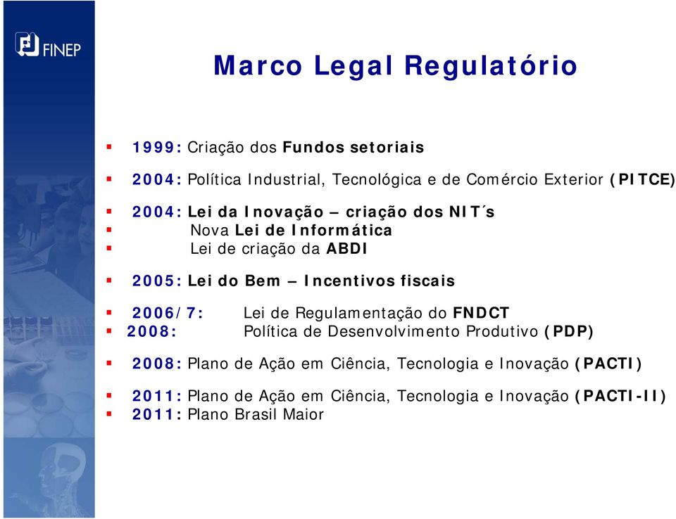 fiscais 2006/7: Lei de Regulamentação do FNDCT 2008: Política de Desenvolvimento Produtivo (PDP) 2008: Plano de Ação em