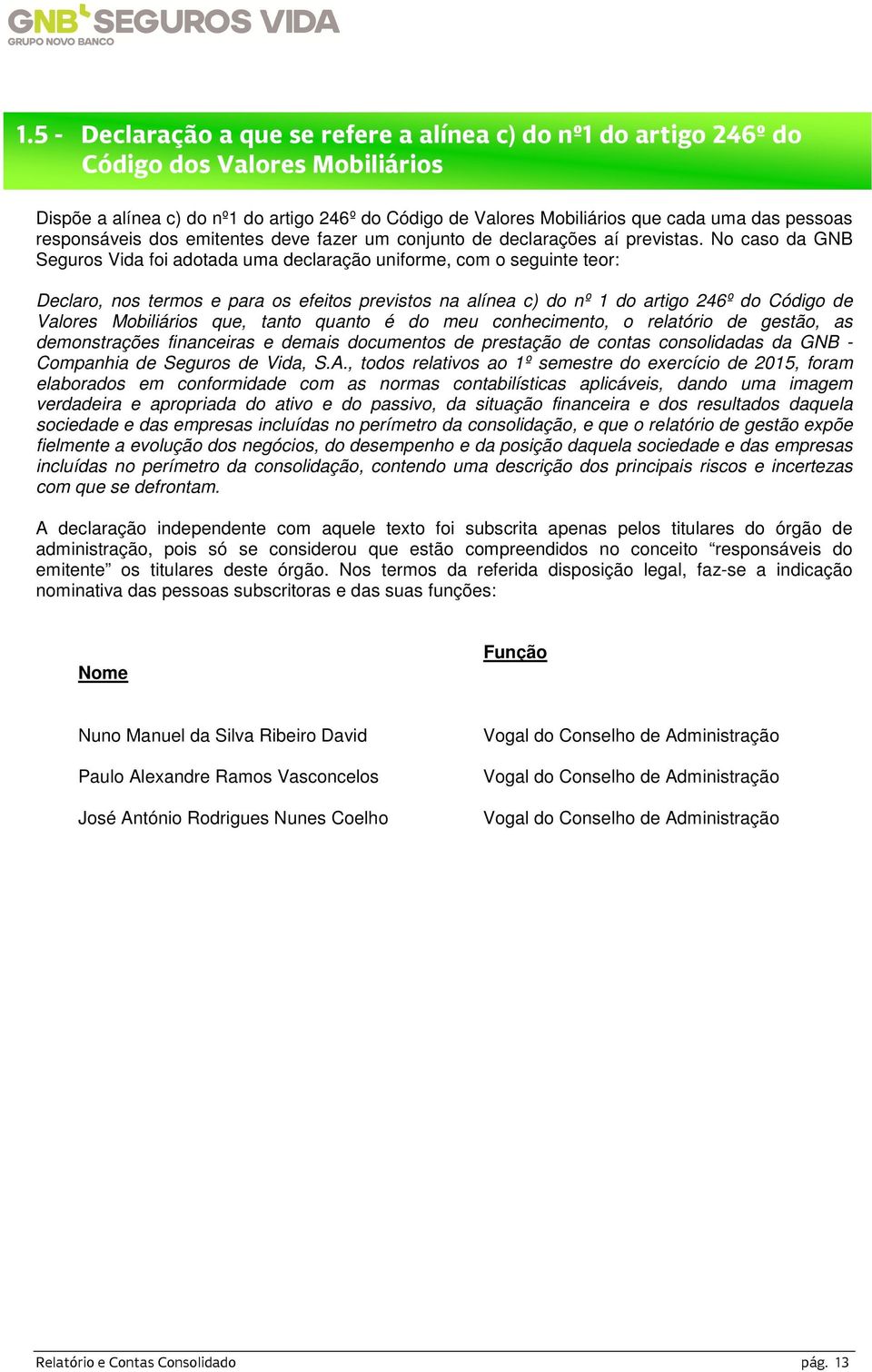 No caso da GNB Seguros Vida foi adotada uma declaração uniforme, com o seguinte teor: Declaro, nos termos e para os efeitos previstos na alínea c) do nº 1 do artigo 246º do Código de Valores