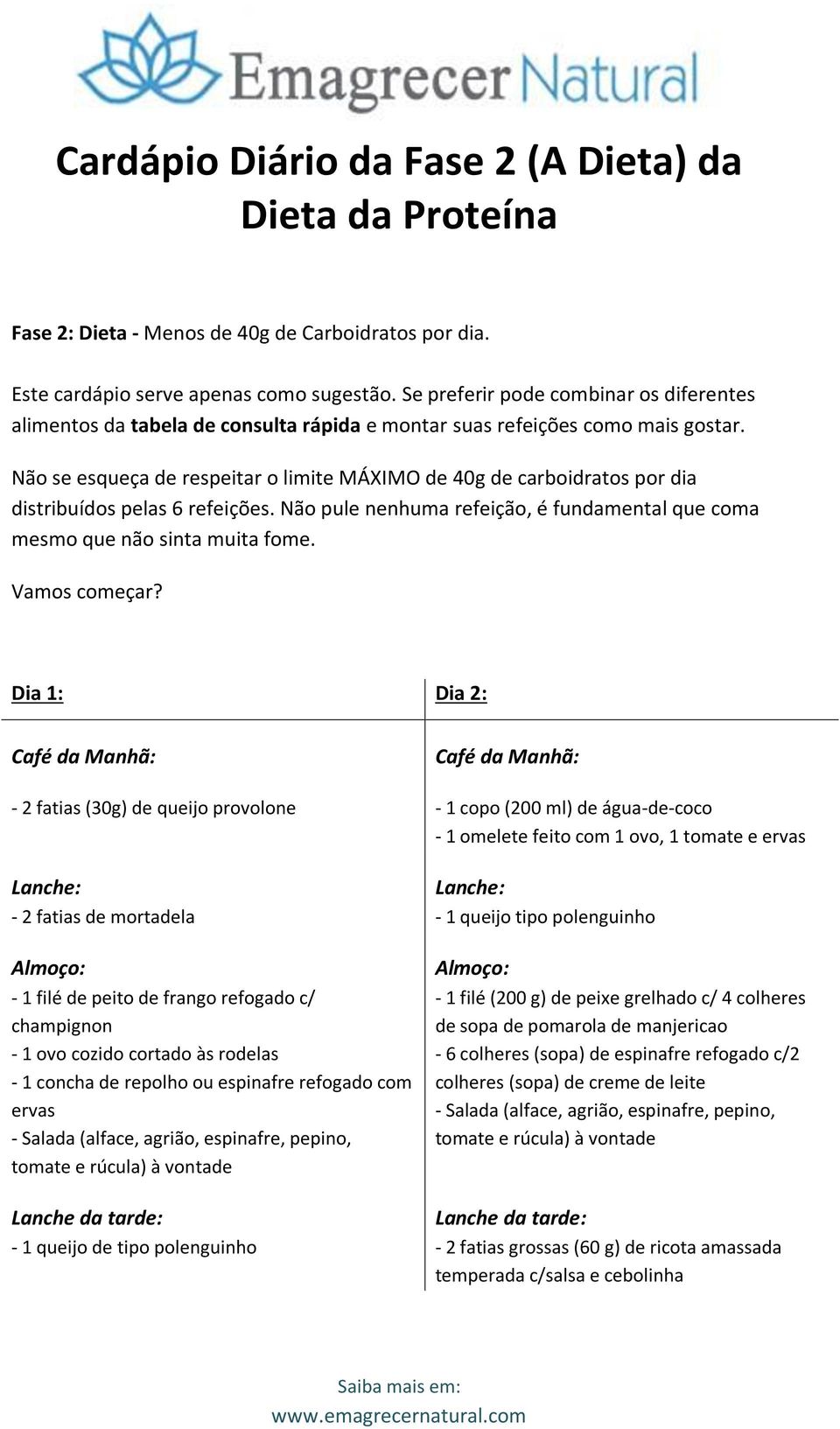 Não se esqueça de respeitar o limite MÁXIMO de 40g de carboidratos por dia distribuídos pelas 6 refeições. Não pule nenhuma refeição, é fundamental que coma mesmo que não sinta muita fome.