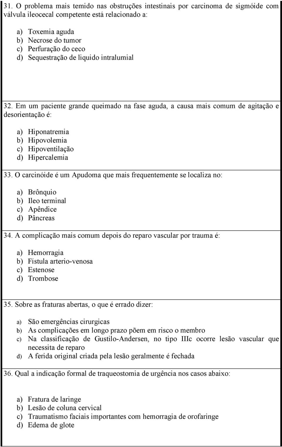 Em um paciente grande queimado na fase aguda, a causa mais comum de agitação e desorientação é: a) Hiponatremia b) Hipovolemia c) Hipoventilação d) Hipercalemia 33.