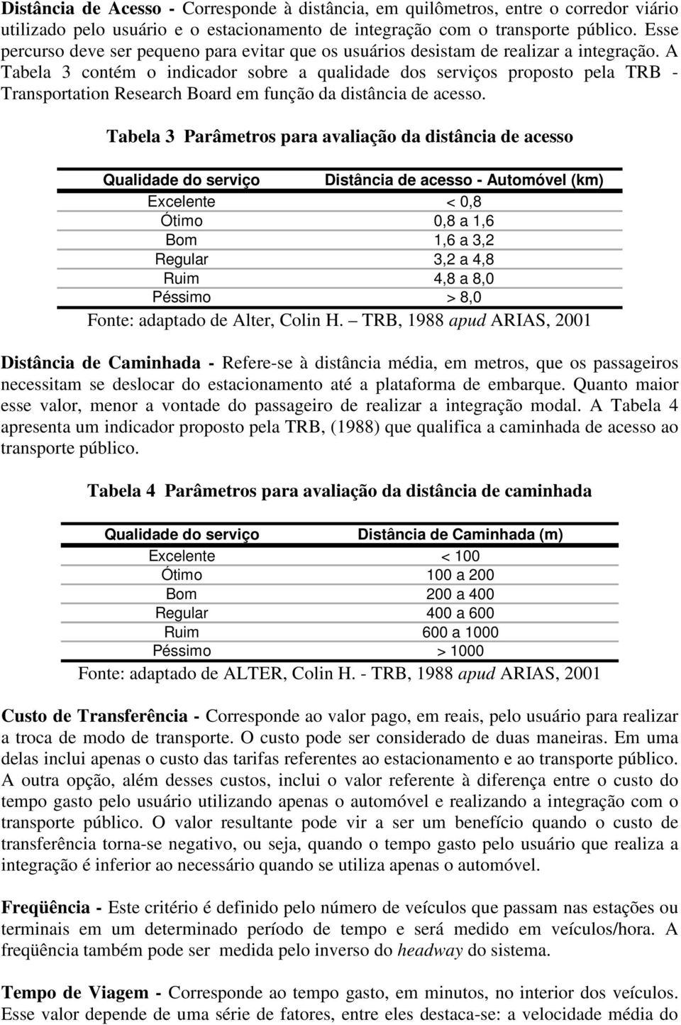 A Tabela 3 contém o indicador sobre a qualidade dos serviços proposto pela TRB - Transportation Research Board em função da distância de acesso.