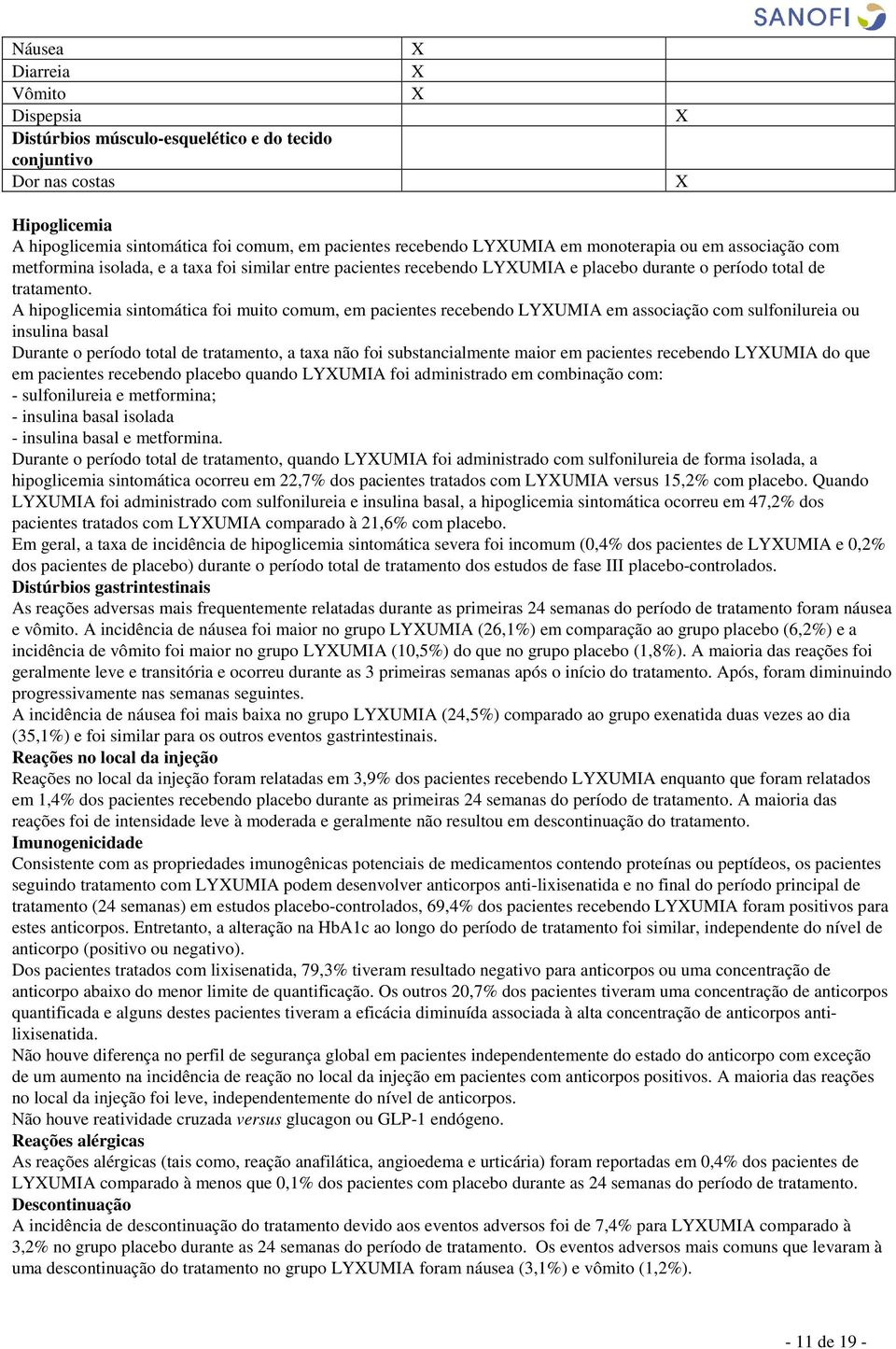 A hipoglicemia sintomática foi muito comum, em pacientes recebendo LYUMIA em associação com sulfonilureia ou insulina basal Durante o período total de tratamento, a taxa não foi substancialmente