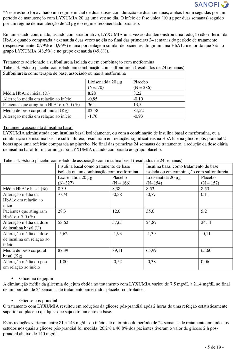 Em um estudo controlado, usando comparador ativo, LYUMIA uma vez ao dia demonstrou uma redução não-inferior da HbA1c quando comparada à exenatida duas vezes ao dia no final das primeiras 24 semanas