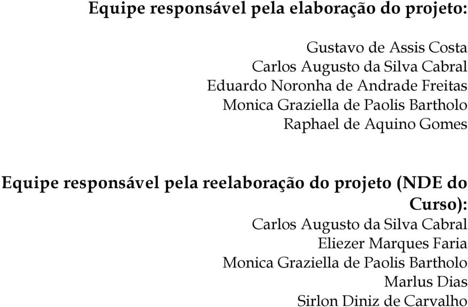 Gomes Equipe responsável pela reelaboração do projeto (NDE do Curso): Carlos Augusto da Silva