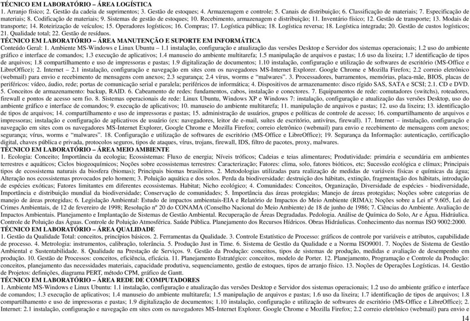 Gestão de transporte; 13. Modais de transporte; 14. Roteirização de veículos; 15. Operadores logísticos; 16. Compras; 17. Logística pública; 18. Logística reversa; 18. Logística integrada; 20.