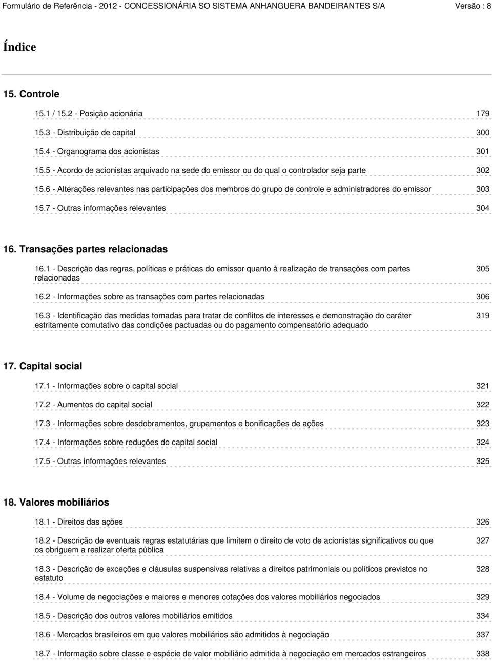 6 - Alterações relevantes nas participações dos membros do grupo de controle e administradores do emissor 303 15.7 - Outras informações relevantes 304 16. Transações partes relacionadas 16.