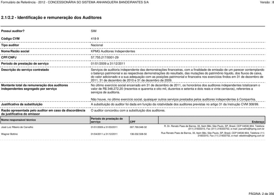 substituição A substituição do auditor foi dada em função da rotatividade dos auditores previstas no artigo 31 da Instrução CVM 308/99.