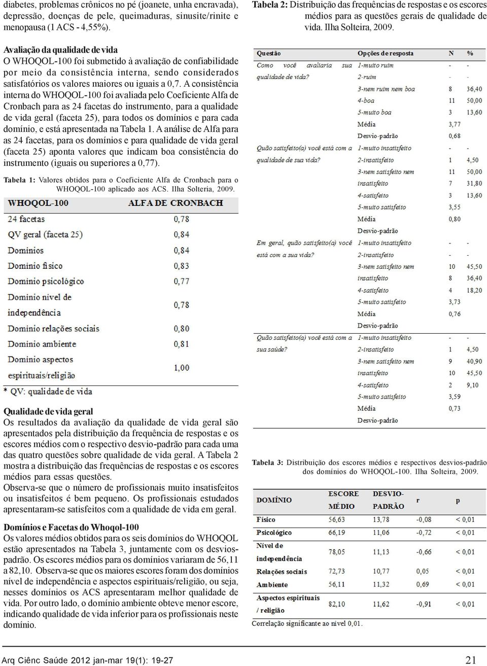 Avaliação da qualidade de vida O WHOQOL-100 foi submetido à avaliação de confiabilidade por meio da consistência interna, sendo considerados satisfatórios os valores maiores ou iguais a 0,7.