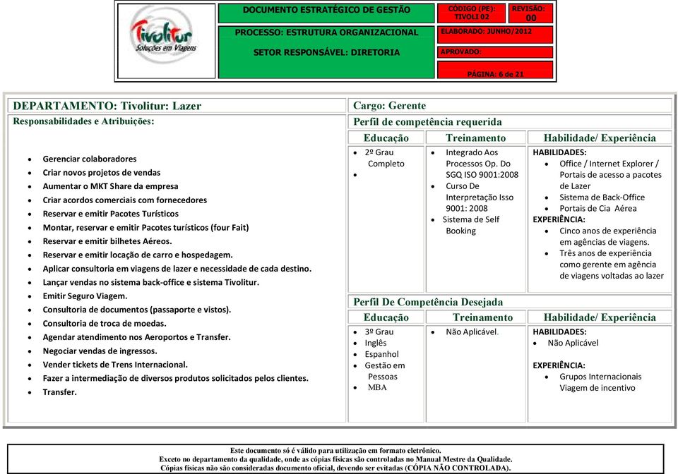 Aplicar consultoria em viagens de lazer e necessidade de cada destino. Lançar vendas no sistema back-office e sistema Tivolitur. Emitir Seguro Viagem. Consultoria de documentos (passaporte e vistos).