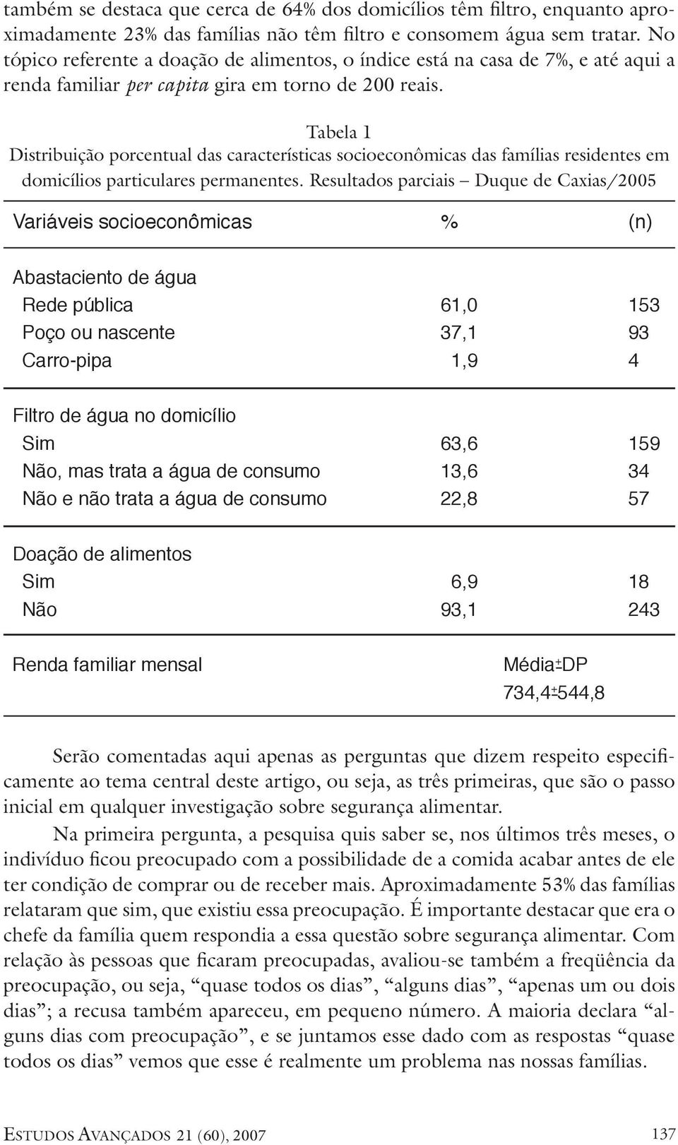 Tabela 1 Distribuição porcentual das características socioeconômicas das famílias residentes em domicílios particulares permanentes.