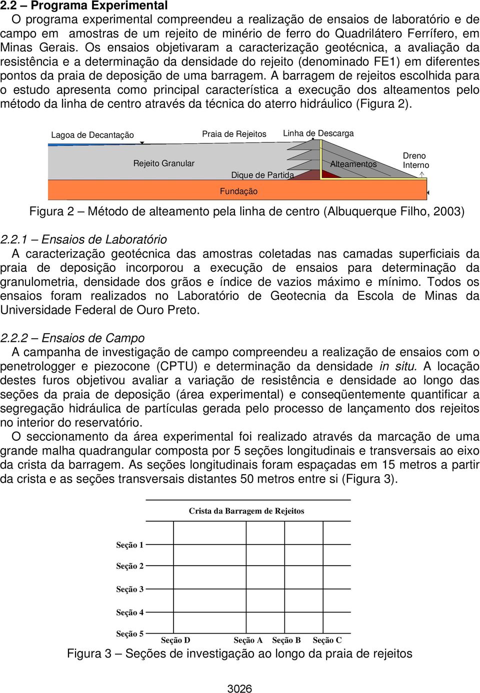 Os ensaios objetivaram a caracterização geotécnica, a avaliação da resistência e a determinação da densidade do rejeito (denominado FE1) em diferentes pontos da praia de deposição de uma barragem.