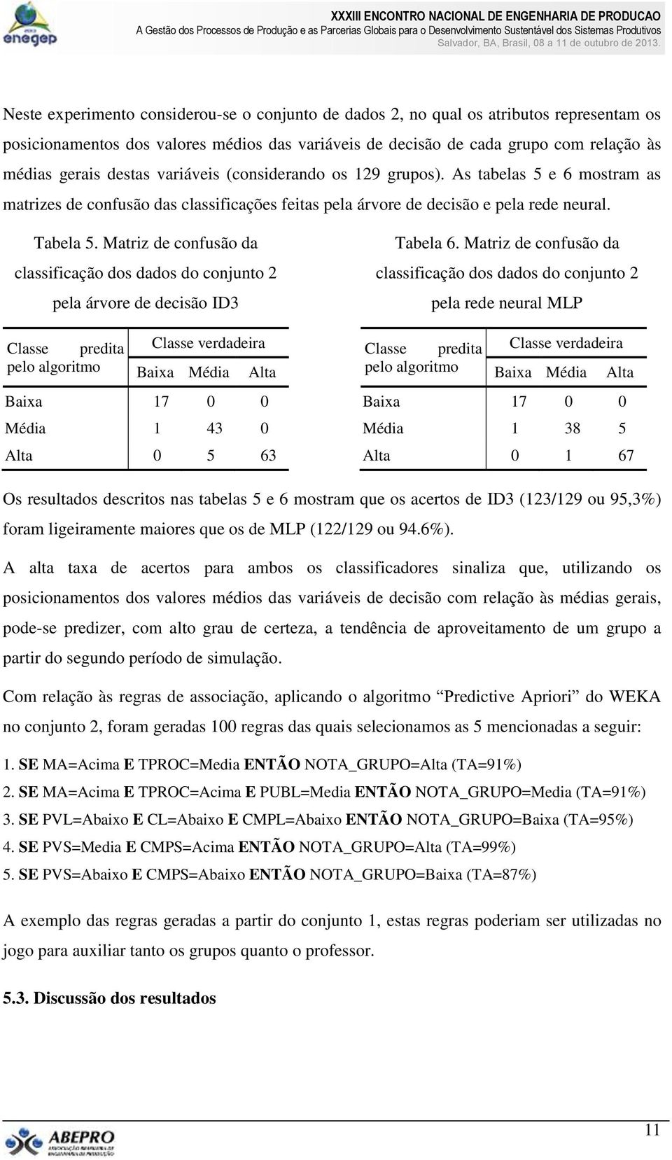 Matriz de confusão da classificação dos dados do conjunto 2 pela árvore de decisão ID3 Classe predita Classe verdadeira pelo algoritmo Baixa Média Alta Baixa 17 0 0 Média 1 43 0 Alta 0 5 63 Tabela 6.