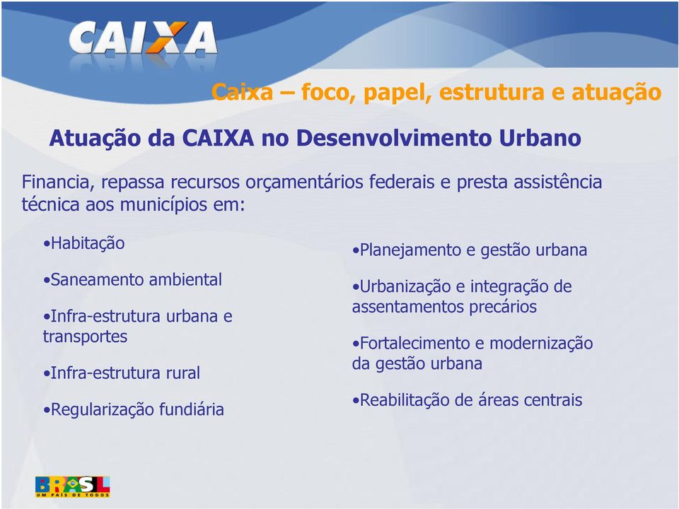 Infra-estrutura urbana e transportes Infra-estrutura rural Regularização fundiária Planejamento e gestão urbana