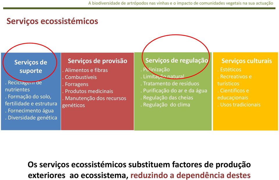 Manutenção dos recursos genéticos Serviços de regulação. Polinização. Limitação natural. Tratamento de resíduos. Purificação do ar e da água.