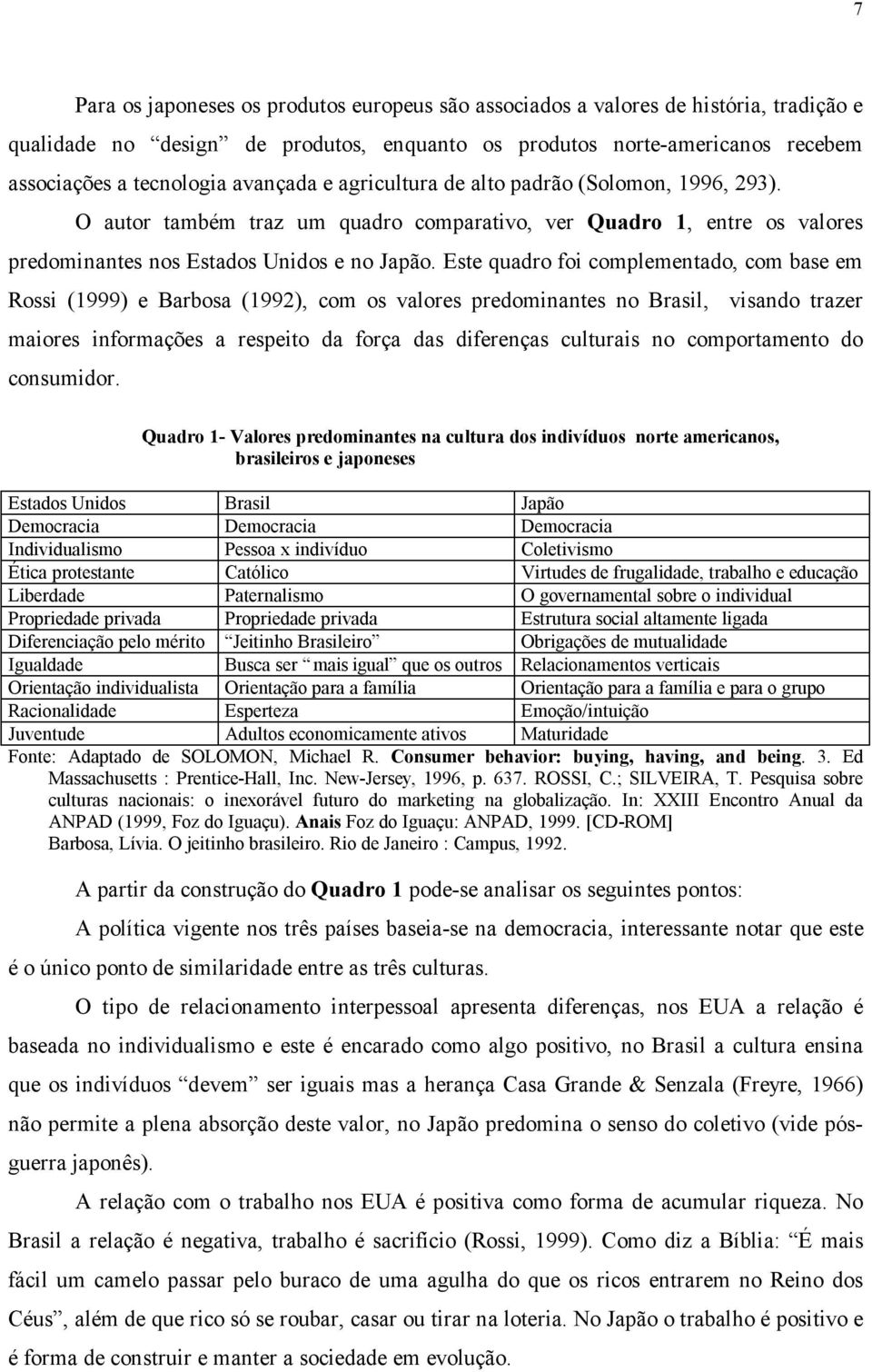 Este quadro foi complementado, com base em Rossi (1999) e Barbosa (1992), com os valores predominantes no Brasil, visando trazer maiores informações a respeito da força das diferenças culturais no