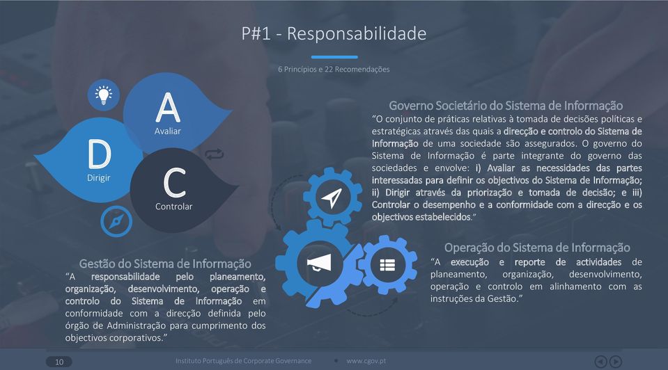 O governo do Sistema de Informação é parte integrante do governo das sociedades e envolve: i) Avaliar as necessidades das partes interessadas para definir os objectivos do Sistema de Informação; ii)