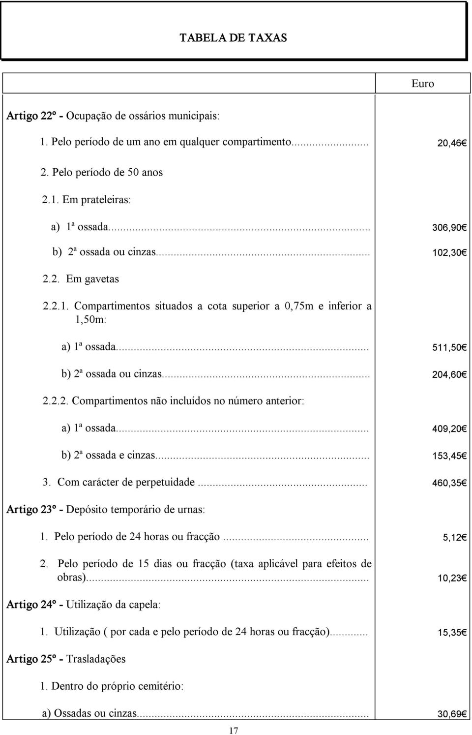 .. 409,20 b) 2ª ossada e cinzas... 153,45 3. Com carácter de perpetuidade... 460,35 Artigo 23º Depósito temporário de urnas: 1. Pelo período de 24 horas ou fracção... 5,12 2.